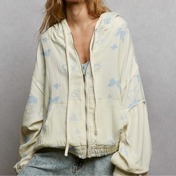 POL Jackets & Blazers - POL Cream and Blue Butterfly Hooded Jacket